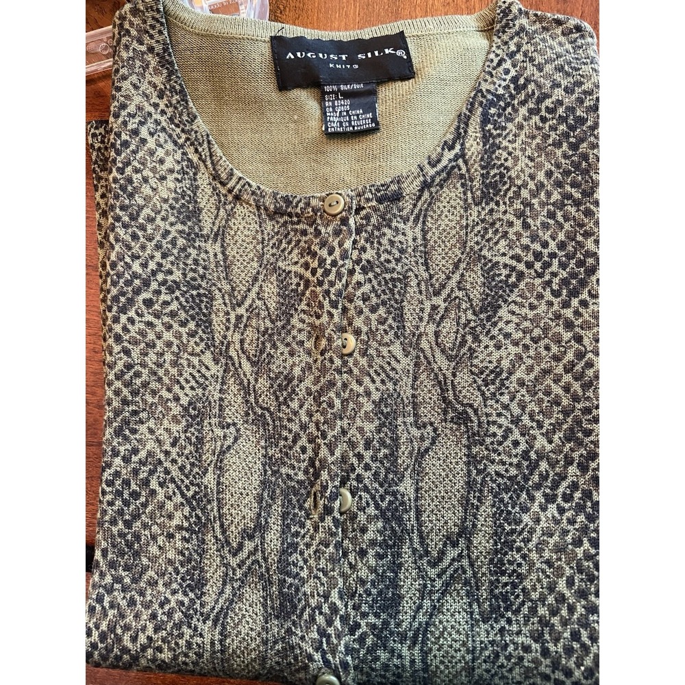 August 100% Silk WOMENS Green Cardigan Python Work‎ Office Wear Boho Large